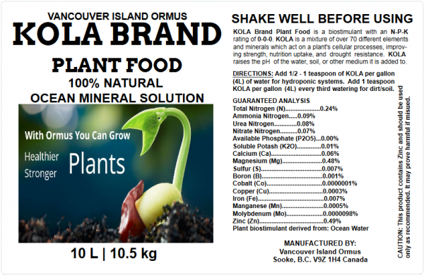 vancouver island ormus kola brand plant food 10L label