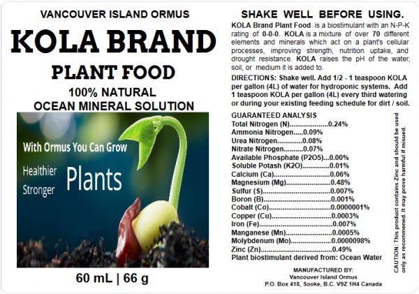 vancouver island ormus kola brand plant food 60ml label